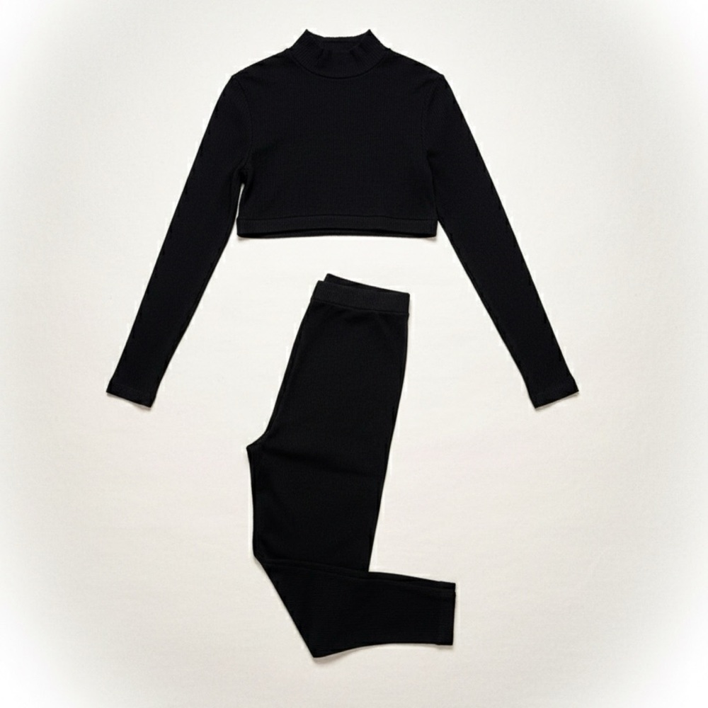 Black Cropped Turtleneck Long-Sleeve Two Piece Set